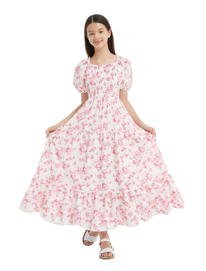 EXARUS Girls Maxi Long Smocked Dress Tween Swiss Dots Summer Square Neck Short Sleeve Casual A-line Dresses for 6-12Y | Tween A-Line Dresses Vacation Beach Sundress Beach Dance Casual Homecoming Party 6-14Y