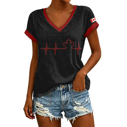 Womens Canada Day Shirts V Neck Short Sleeve Maple Leaf Flag Patriotic Tops Summer Casual Loose 1st July Canadian T-Shirts