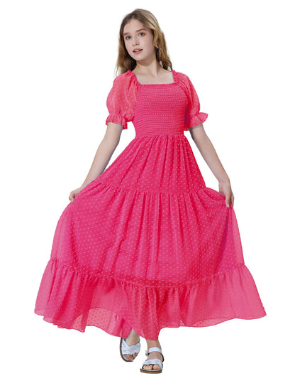 EXARUS Girls Maxi Long Smocked Dress Tween Swiss Dots Summer Square Neck Short Sleeve Casual A-line Dresses for 6-12Y | Tween A-Line Dresses Vacation Beach Sundress Beach Dance Casual Homecoming Party 6-14Y