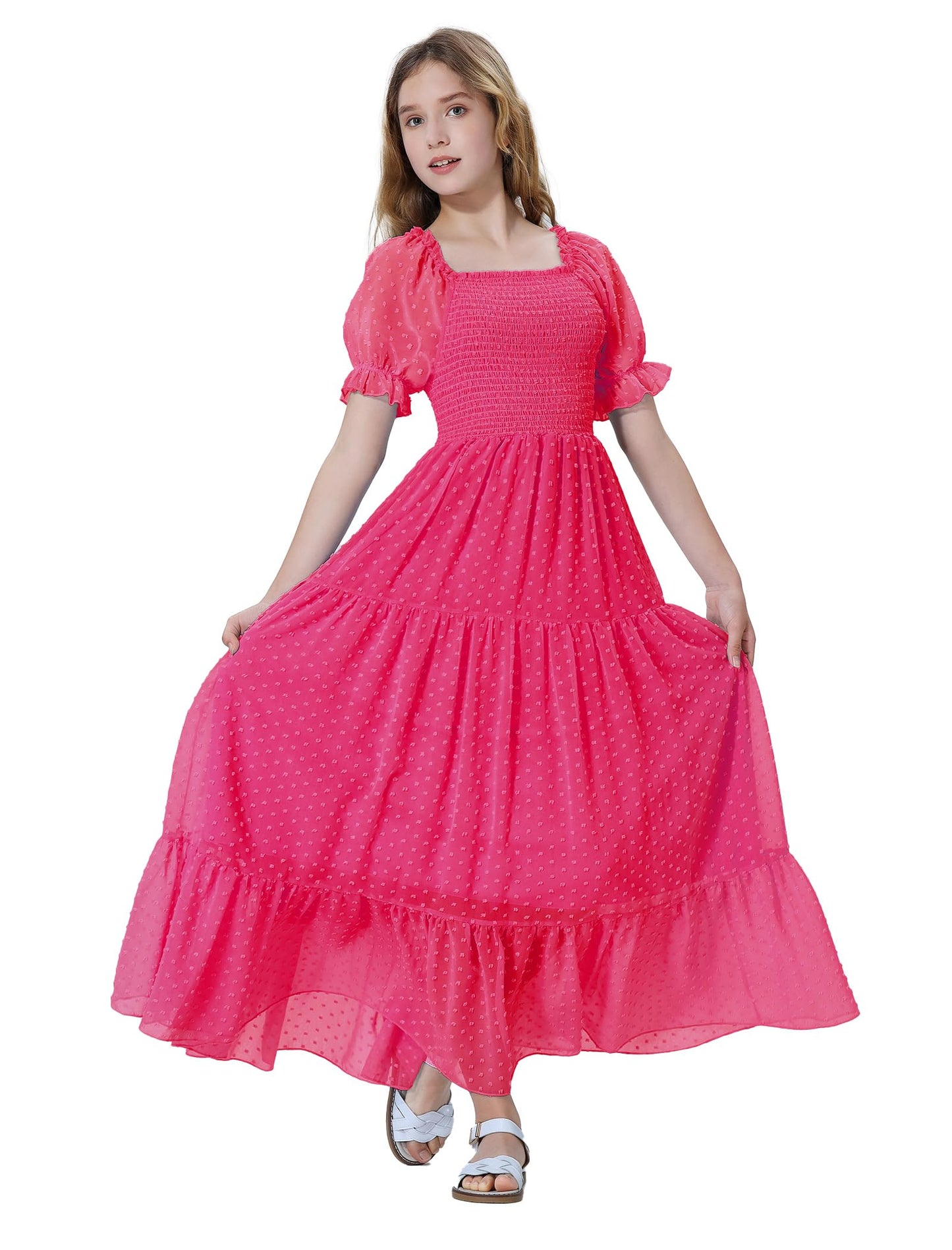 EXARUS Girls Maxi Long Smocked Dress Tween Swiss Dots Summer Square Neck Short Sleeve Casual A-line Dresses for 6-12Y | Tween A-Line Dresses Vacation Beach Sundress Beach Dance Casual Homecoming Party 6-14Y