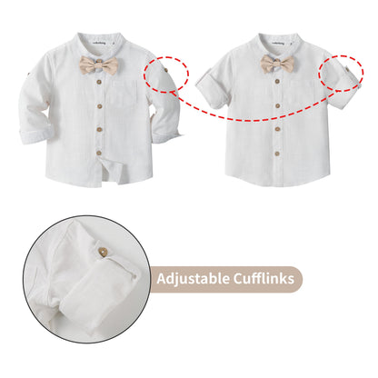 Volunboy Baby Boys Cotton Linen Formal Suspenders Outfits with Bowtie Toddler Long Sleeve Gentleman Wedding Dress Clothes
