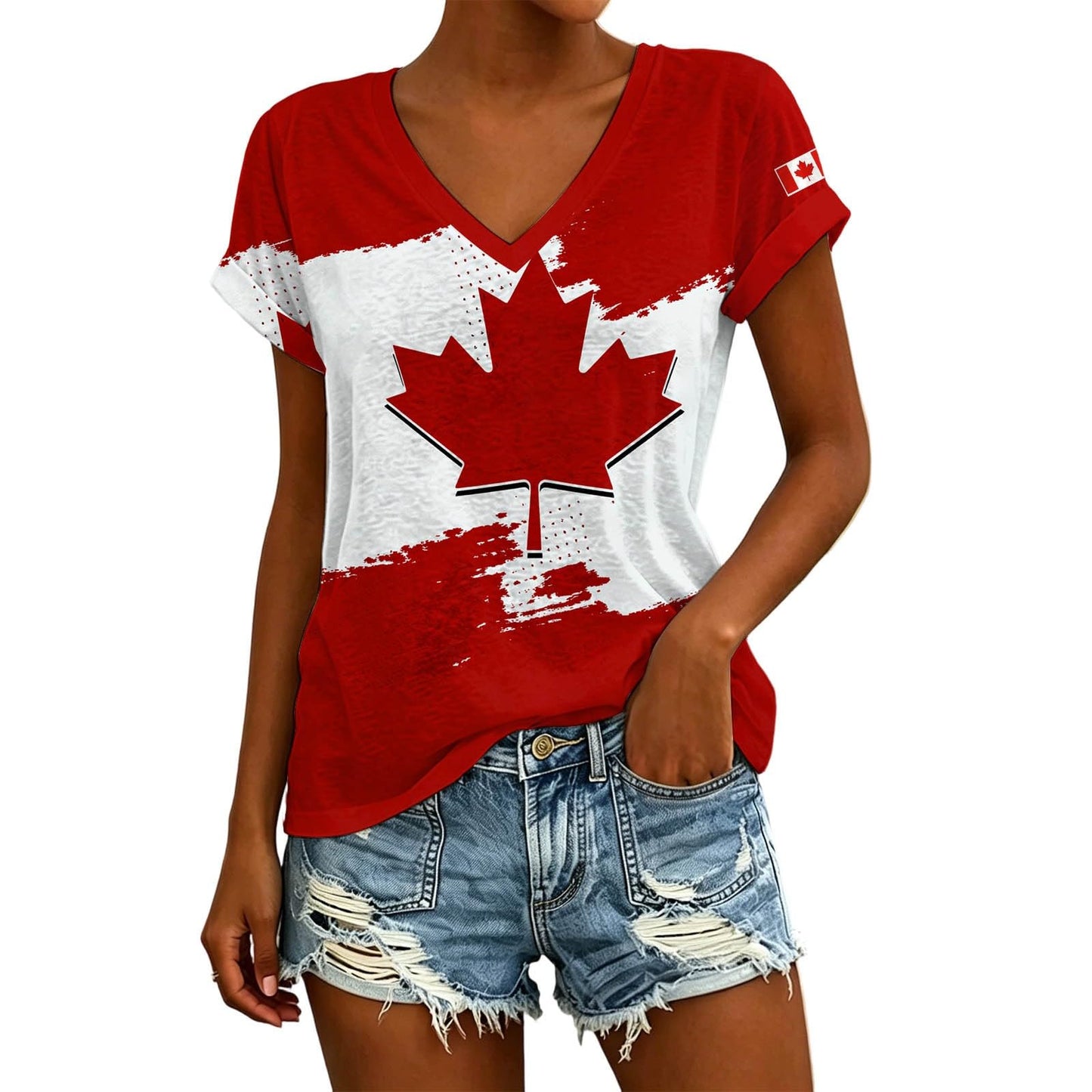 Womens Canada Day Shirts V Neck Short Sleeve Maple Leaf Flag Patriotic Tops Summer Casual Loose 1st July Canadian T-Shirts