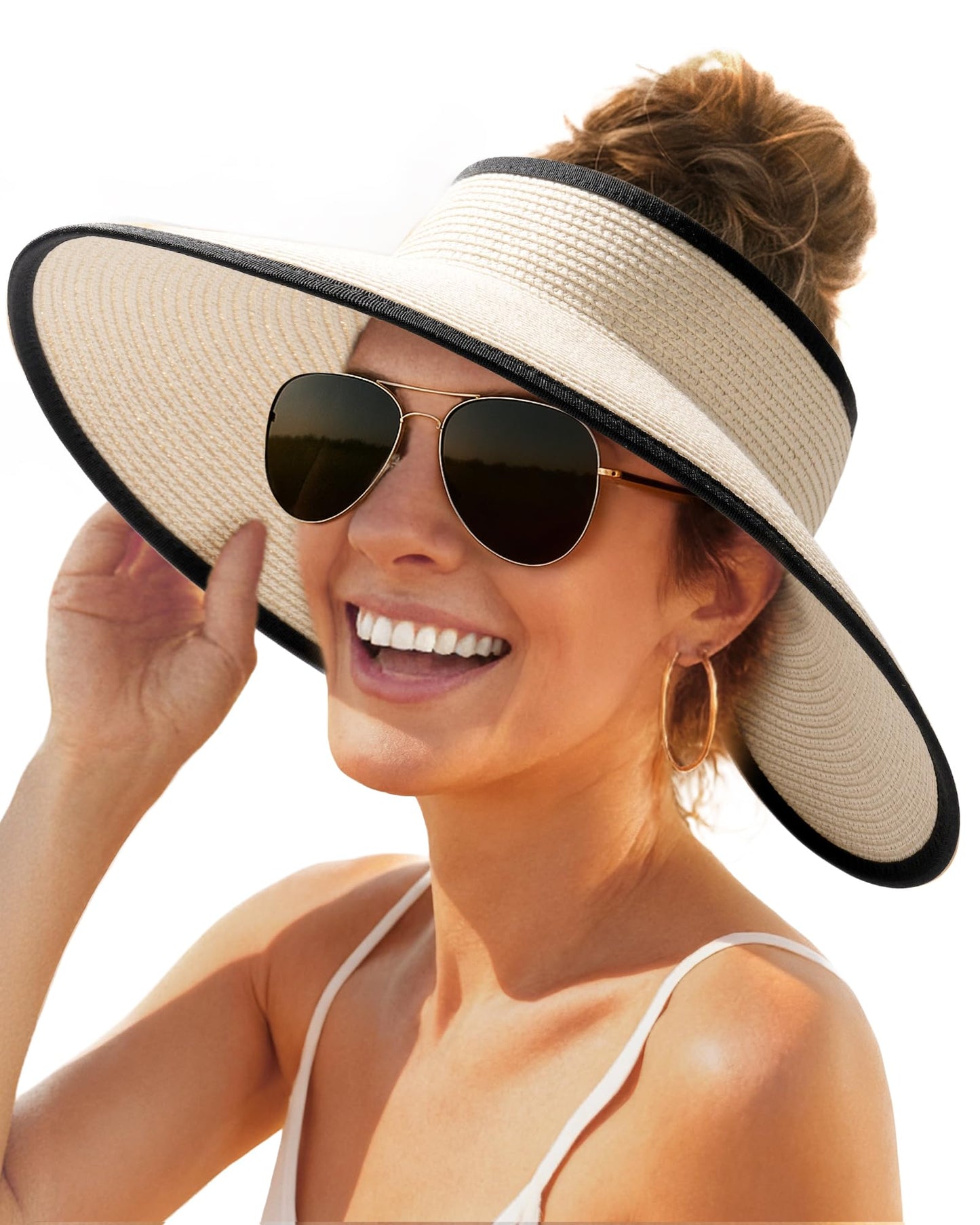 FURTALK Sun Visor Hats for Women Wide Brim Straw Roll Up Ponytail Summer Beach Hat UV UPF 50 Packable Foldable Travel