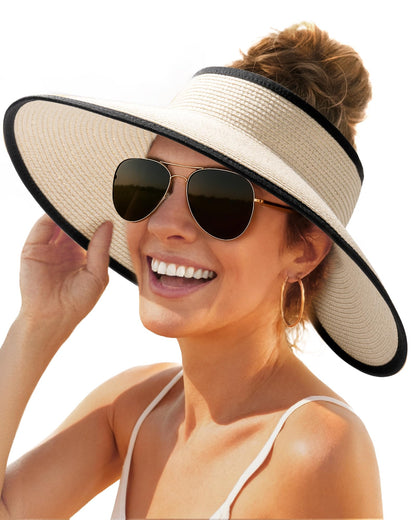 FURTALK Sun Visor Hats for Women Wide Brim Straw Roll Up Ponytail Summer Beach Hat UV UPF 50 Packable Foldable Travel