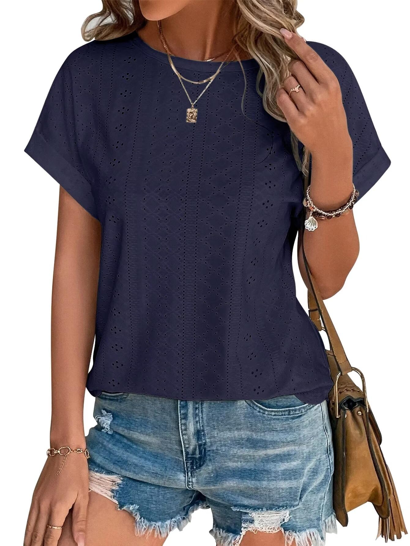 Womens Tops Eyelet Embroidery Summer Spring Crewneck Curved Hem 2025 Casual Cap Short Sleeve Tunic Trendy T Shirts