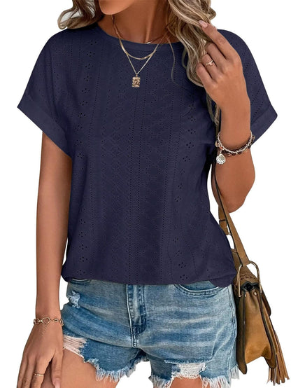 Womens Tops Eyelet Embroidery Summer Spring Crewneck Curved Hem 2025 Casual Cap Short Sleeve Tunic Trendy T Shirts