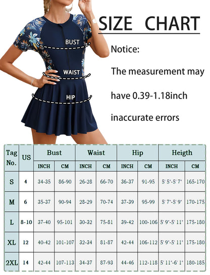 FEOYA Women's Short Sleeve Swimsuits Swim Dress 50+ UPF Rash Guard Modest One Piece Swimwear with Skirt Bathing Suit