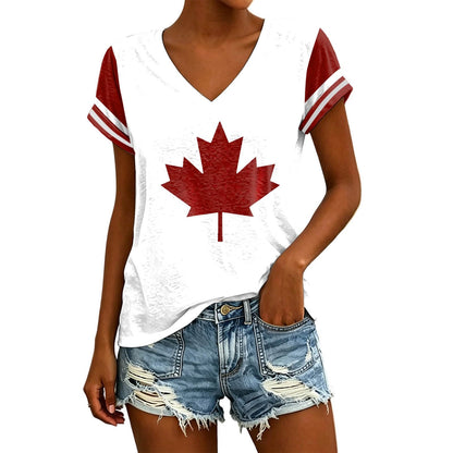 Womens Canada Day Shirts V Neck Short Sleeve Maple Leaf Flag Patriotic Tops Summer Casual Loose 1st July Canadian T-Shirts