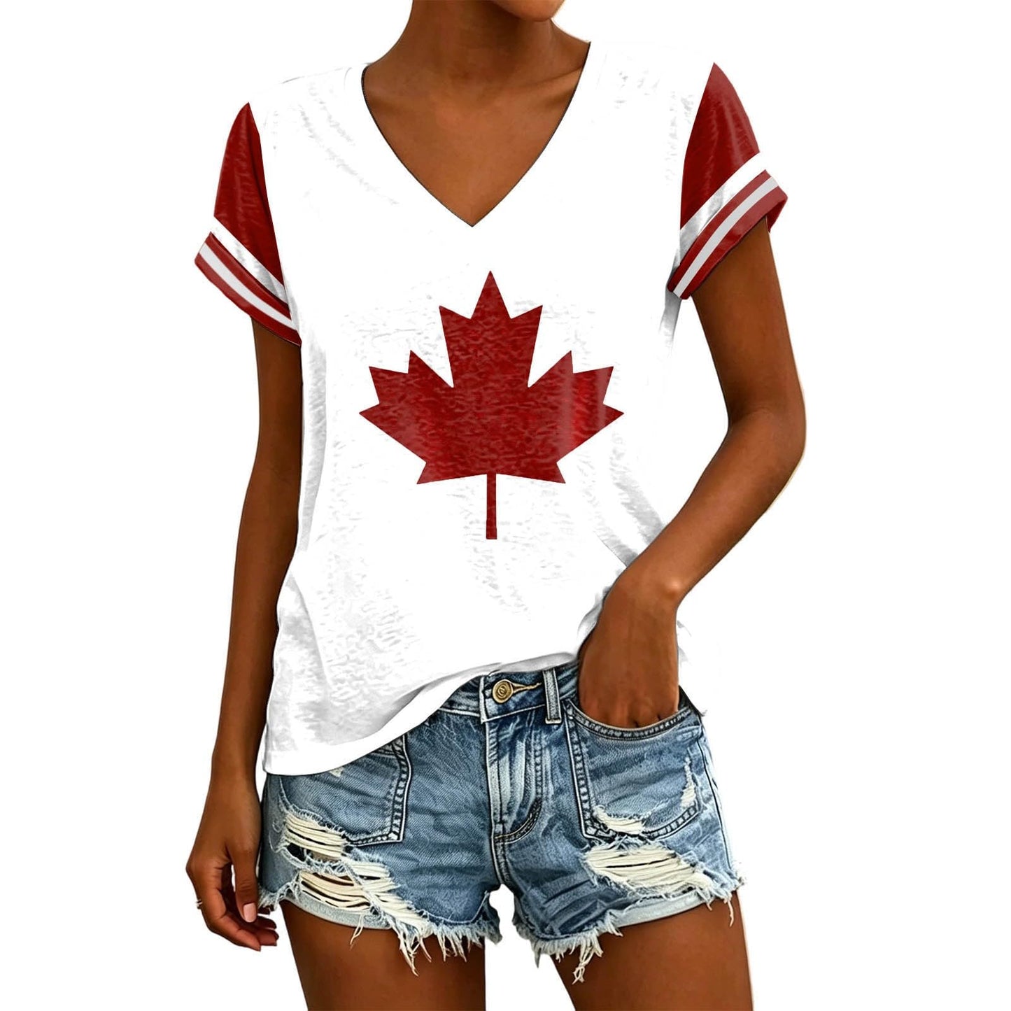 Womens Canada Day Shirts V Neck Short Sleeve Maple Leaf Flag Patriotic Tops Summer Casual Loose 1st July Canadian T-Shirts