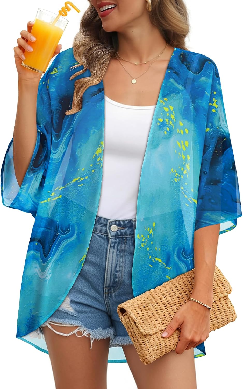 Womens Floral Kimono Cardigan Chiffon Beach Coverups Sheer Swimsuit Cover Up Casual Summer Tops