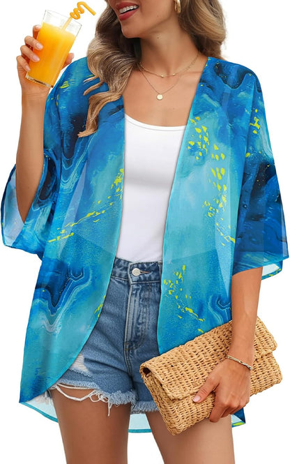 Womens Floral Kimono Cardigan Chiffon Beach Coverups Sheer Swimsuit Cover Up Casual Summer Tops