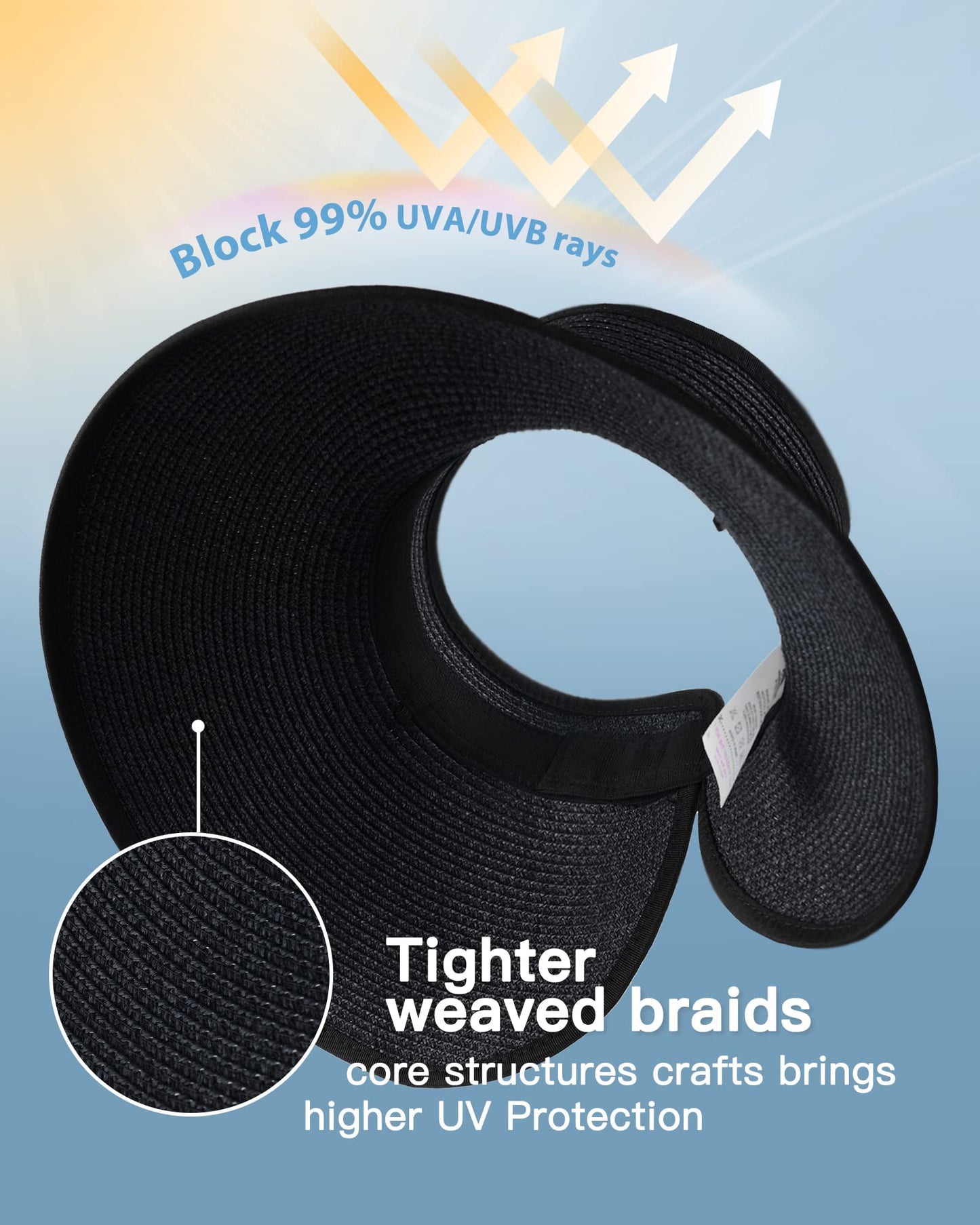 FURTALK Sun Visor Hats for Women Wide Brim Straw Roll Up Ponytail Summer Beach Hat UV UPF 50 Packable Foldable Travel