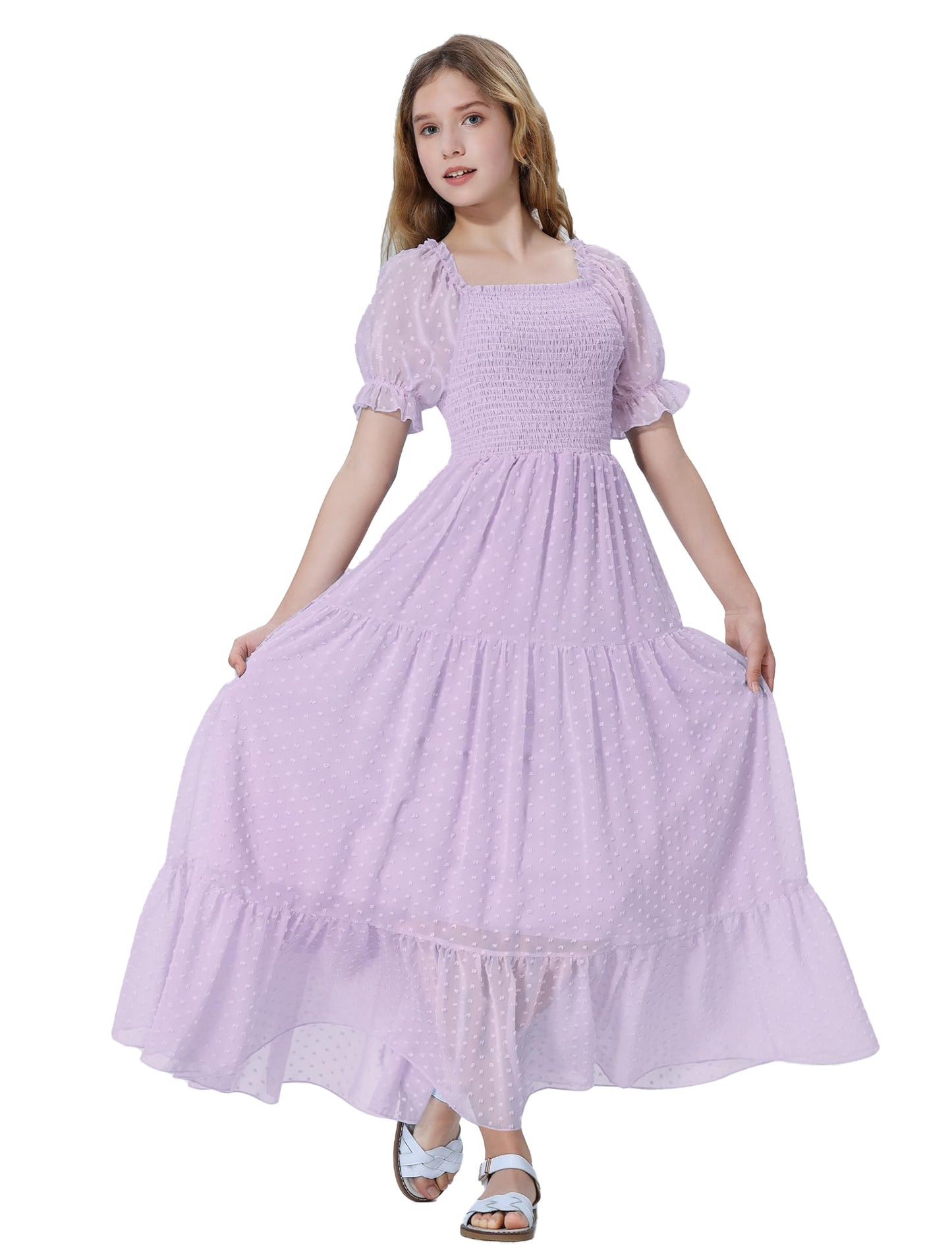 EXARUS Girls Maxi Long Smocked Dress Tween Swiss Dots Summer Square Neck Short Sleeve Casual A-line Dresses for 6-12Y | Tween A-Line Dresses Vacation Beach Sundress Beach Dance Casual Homecoming Party 6-14Y