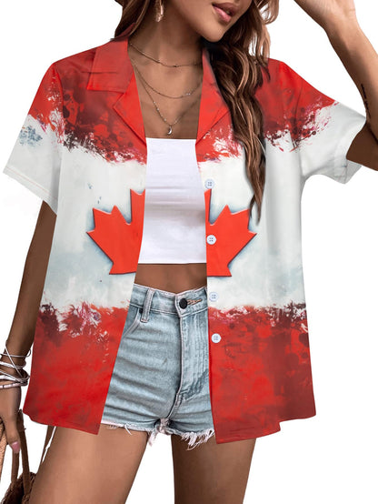 DUTUT Hawaiian Shirts for Women EH Maple Leaf Button Down Shirt Funny Graphic Tshirts Casual Short Sleeve Tops