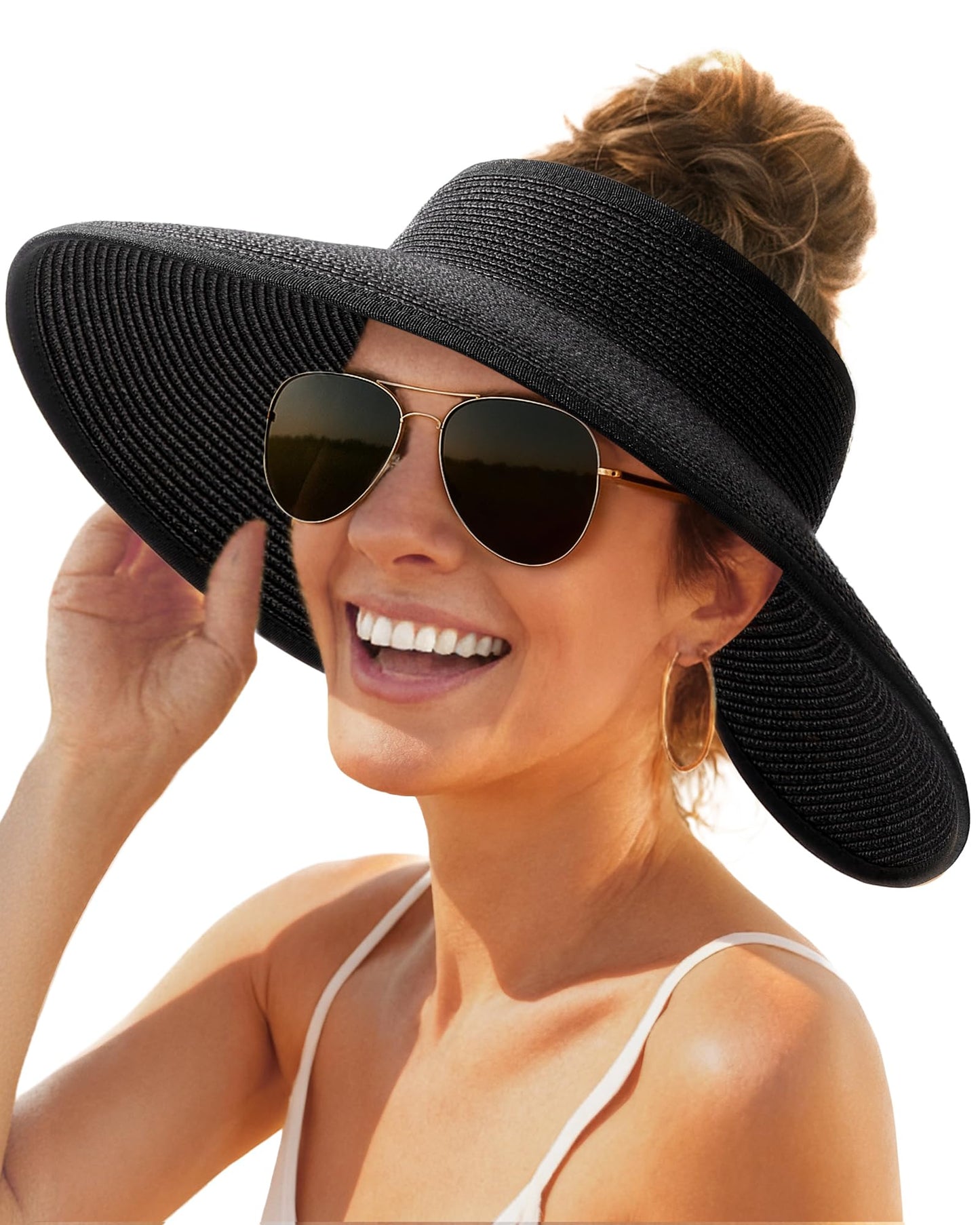 FURTALK Sun Visor Hats for Women Wide Brim Straw Roll Up Ponytail Summer Beach Hat UV UPF 50 Packable Foldable Travel