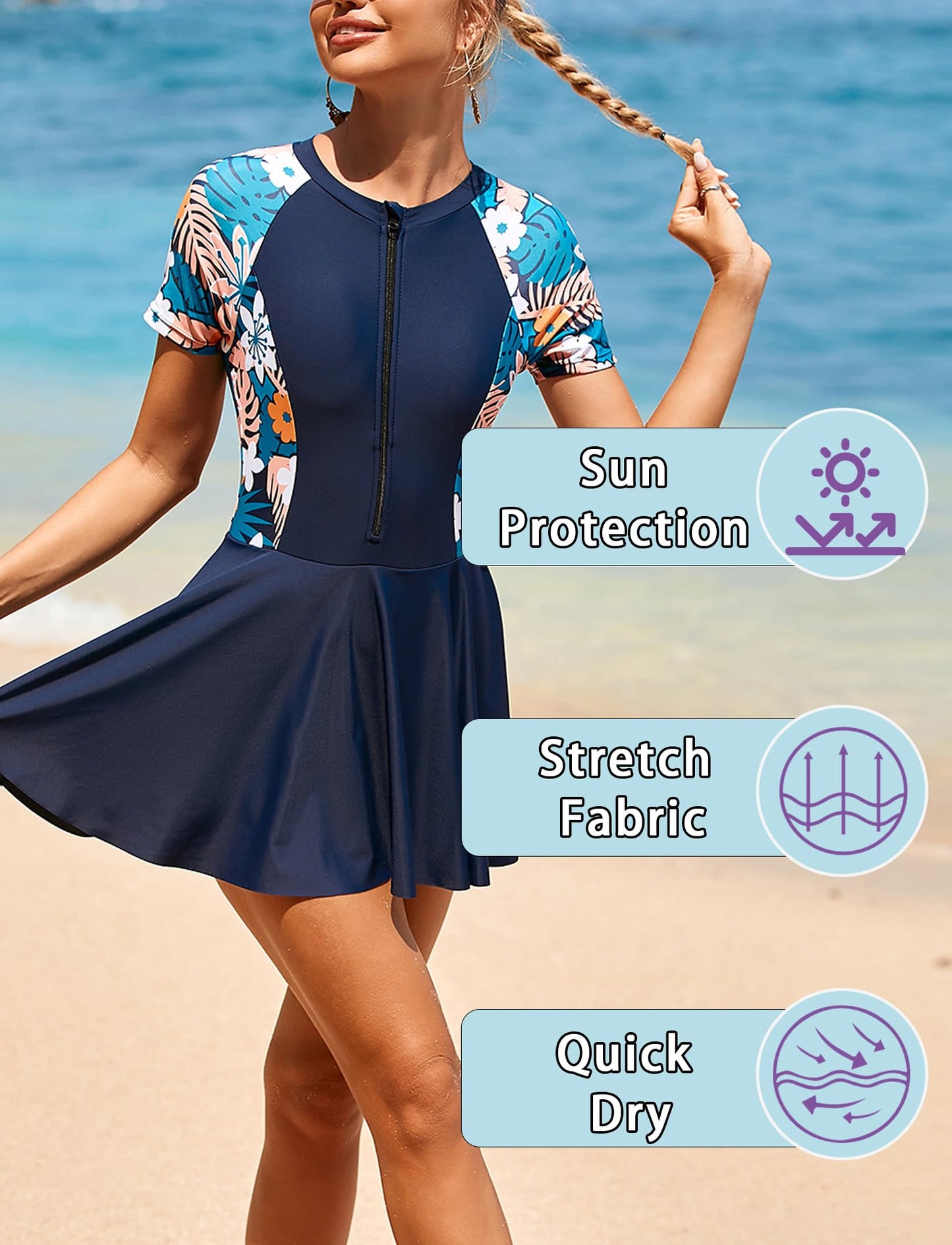 FEOYA Women's Short Sleeve Swimsuits Swim Dress 50+ UPF Rash Guard Modest One Piece Swimwear with Skirt Bathing Suit