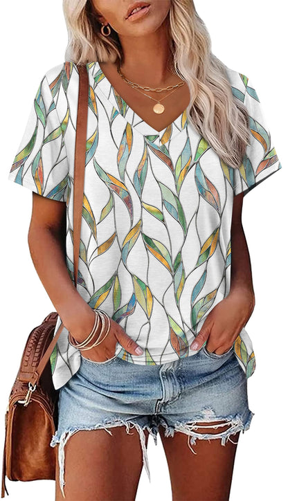 Womens Summer Tops Short Sleeve V Neck Casual T-Shirts Printed Trendy Vacation Outfits