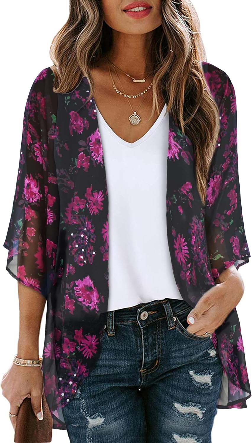 Womens Floral Kimono Cardigan Chiffon Beach Coverups Sheer Swimsuit Cover Up Casual Summer Tops