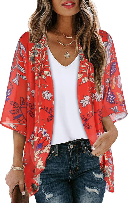Womens Floral Kimono Cardigan Chiffon Beach Coverups Sheer Swimsuit Cover Up Casual Summer Tops