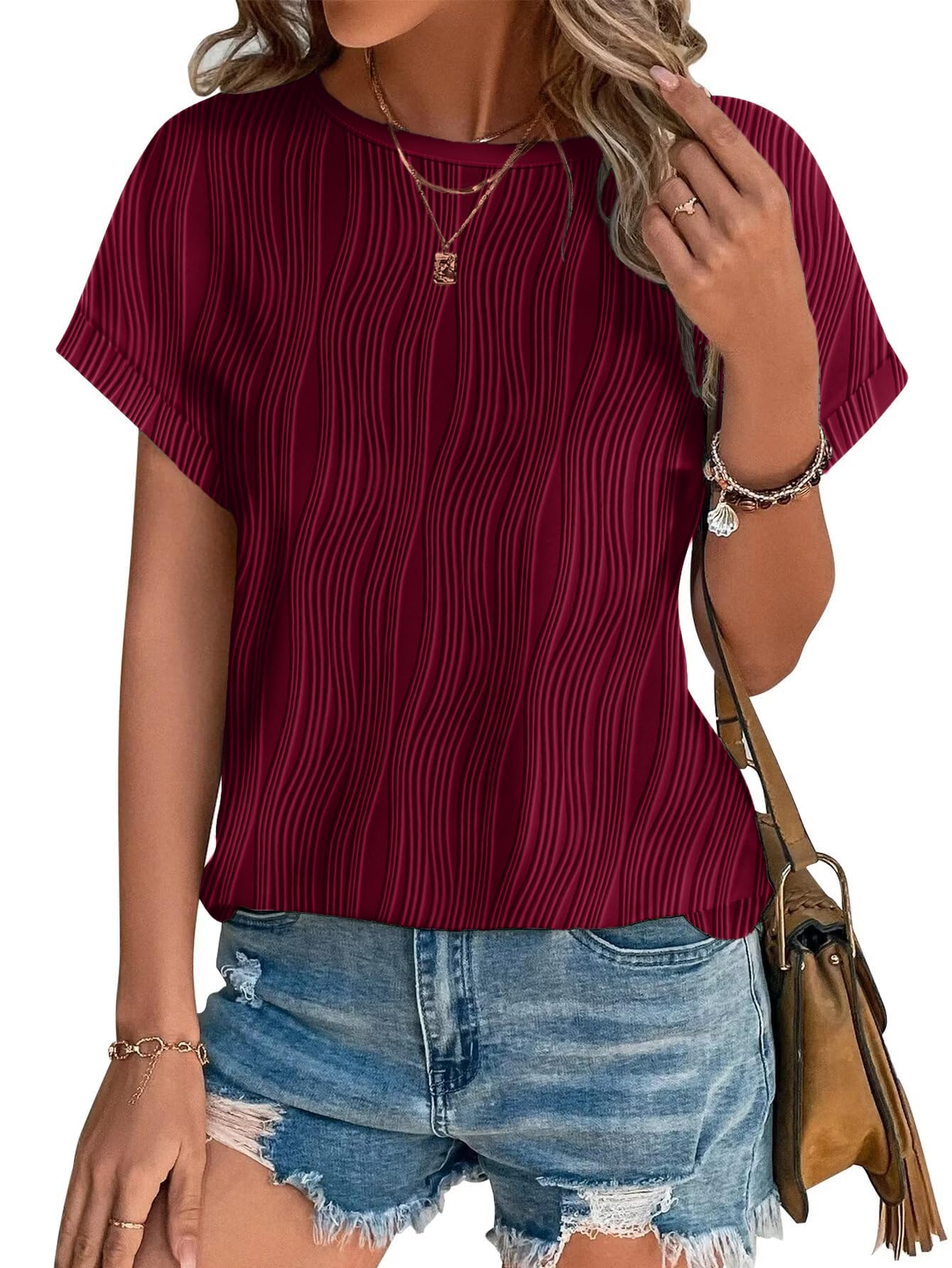Womens Tops Eyelet Embroidery Summer Spring Crewneck Curved Hem 2025 Casual Cap Short Sleeve Tunic Trendy T Shirts