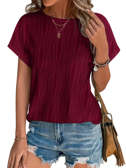 Womens Tops Eyelet Embroidery Summer Spring Crewneck Curved Hem 2025 Casual Cap Short Sleeve Tunic Trendy T Shirts