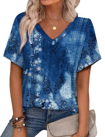 Womens Summer Tops Short Sleeve V Neck Casual T-Shirts Printed Trendy Vacation Outfits
