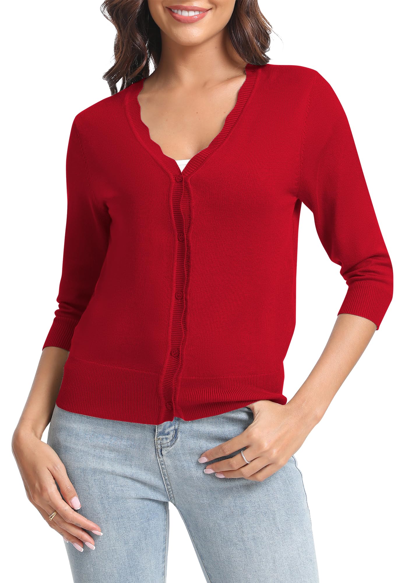 Urban CoCo Woman's 3/4 Sleeve Solid V-Neck Cardigan Sweater for Dress Lightweight Knit Shrugs