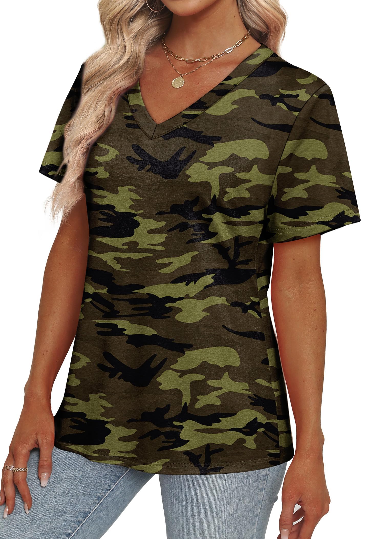 Womens Summer Tops Short Sleeve V Neck Casual T-Shirts Printed Trendy Vacation Outfits