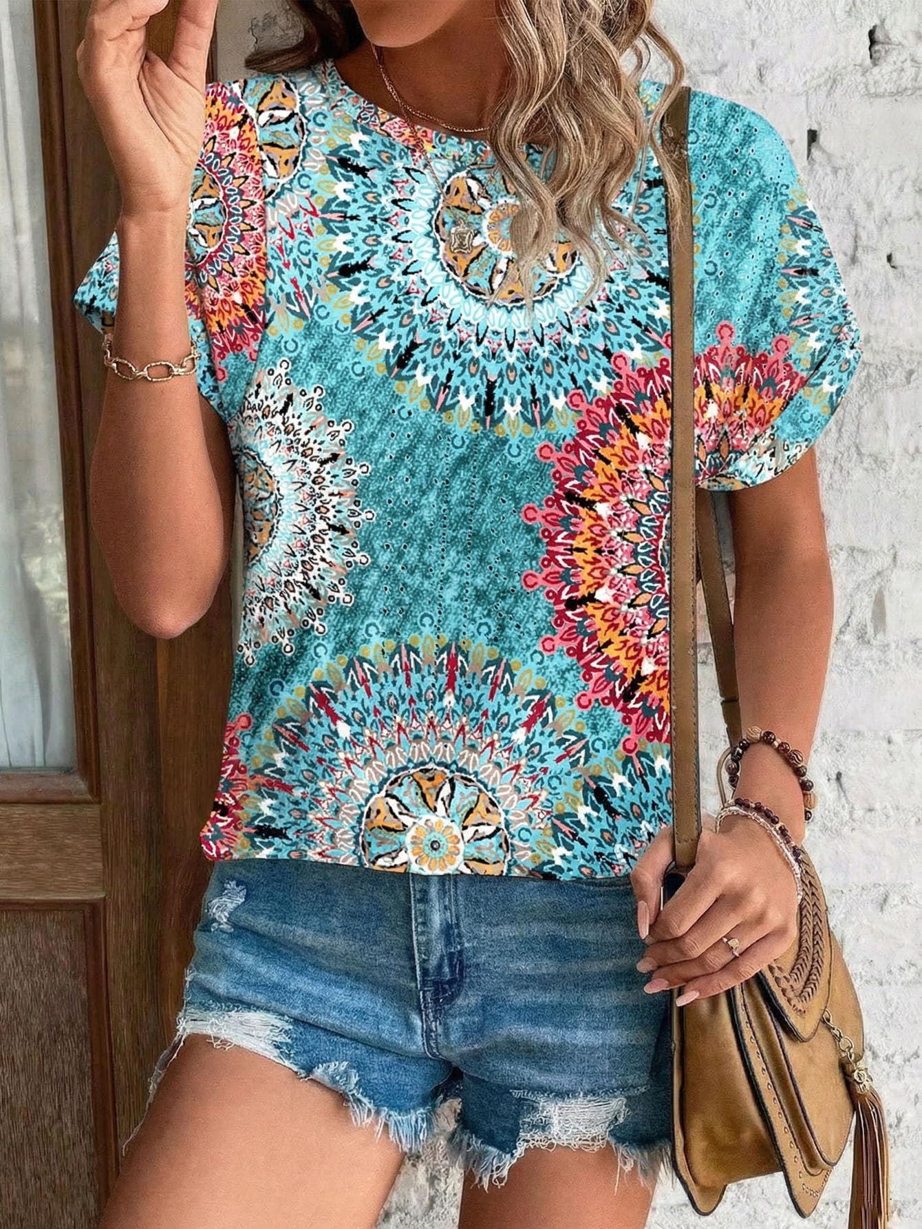 Womens Tops Eyelet Embroidery Summer Spring Crewneck Curved Hem 2025 Casual Cap Short Sleeve Tunic Trendy T Shirts