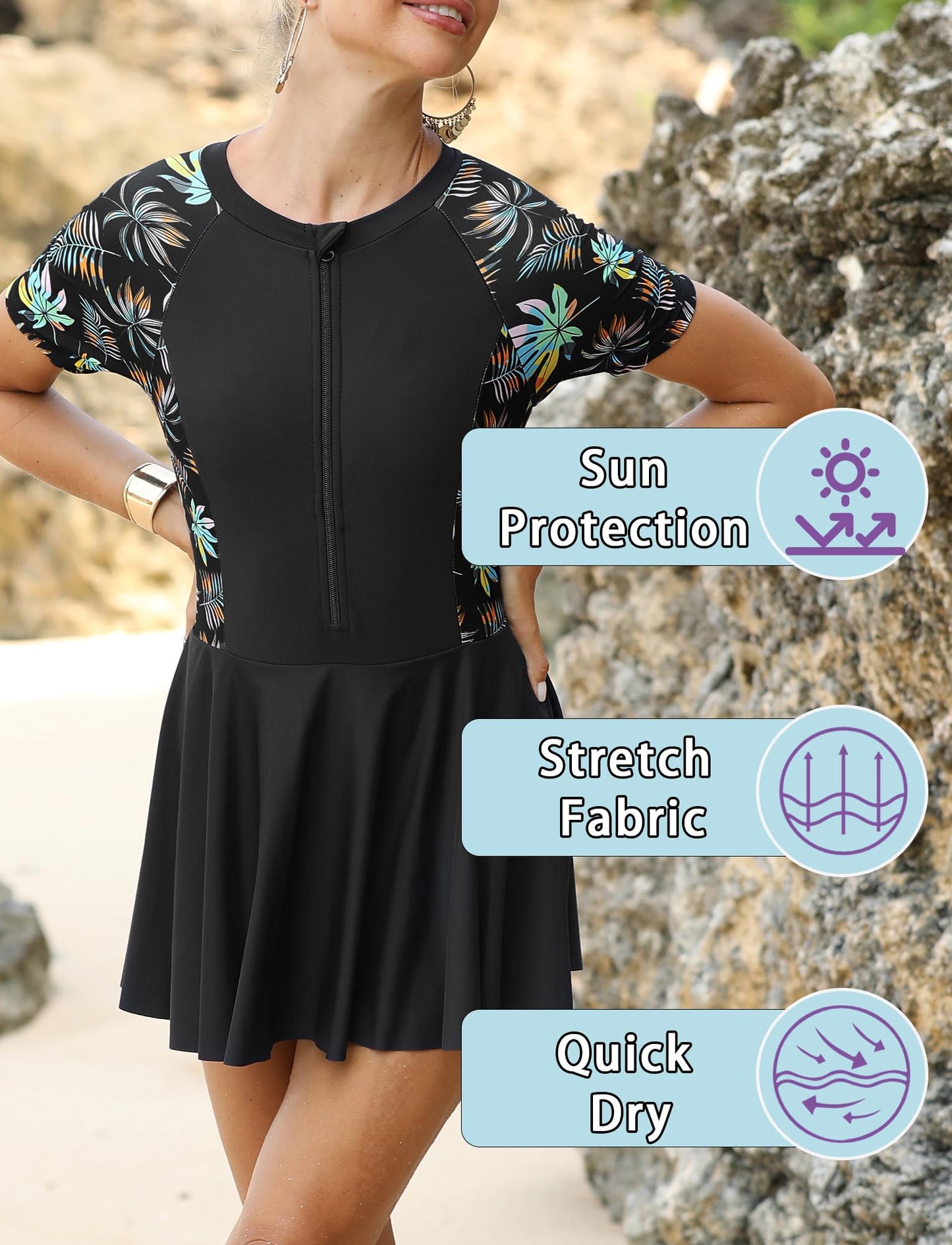 FEOYA Women's Short Sleeve Swimsuits Swim Dress 50+ UPF Rash Guard Modest One Piece Swimwear with Skirt Bathing Suit