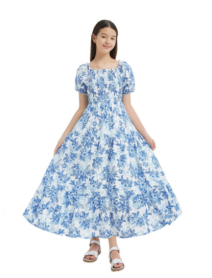 EXARUS Girls Maxi Long Smocked Dress Tween Swiss Dots Summer Square Neck Short Sleeve Casual A-line Dresses for 6-12Y | Tween A-Line Dresses Vacation Beach Sundress Beach Dance Casual Homecoming Party 6-14Y