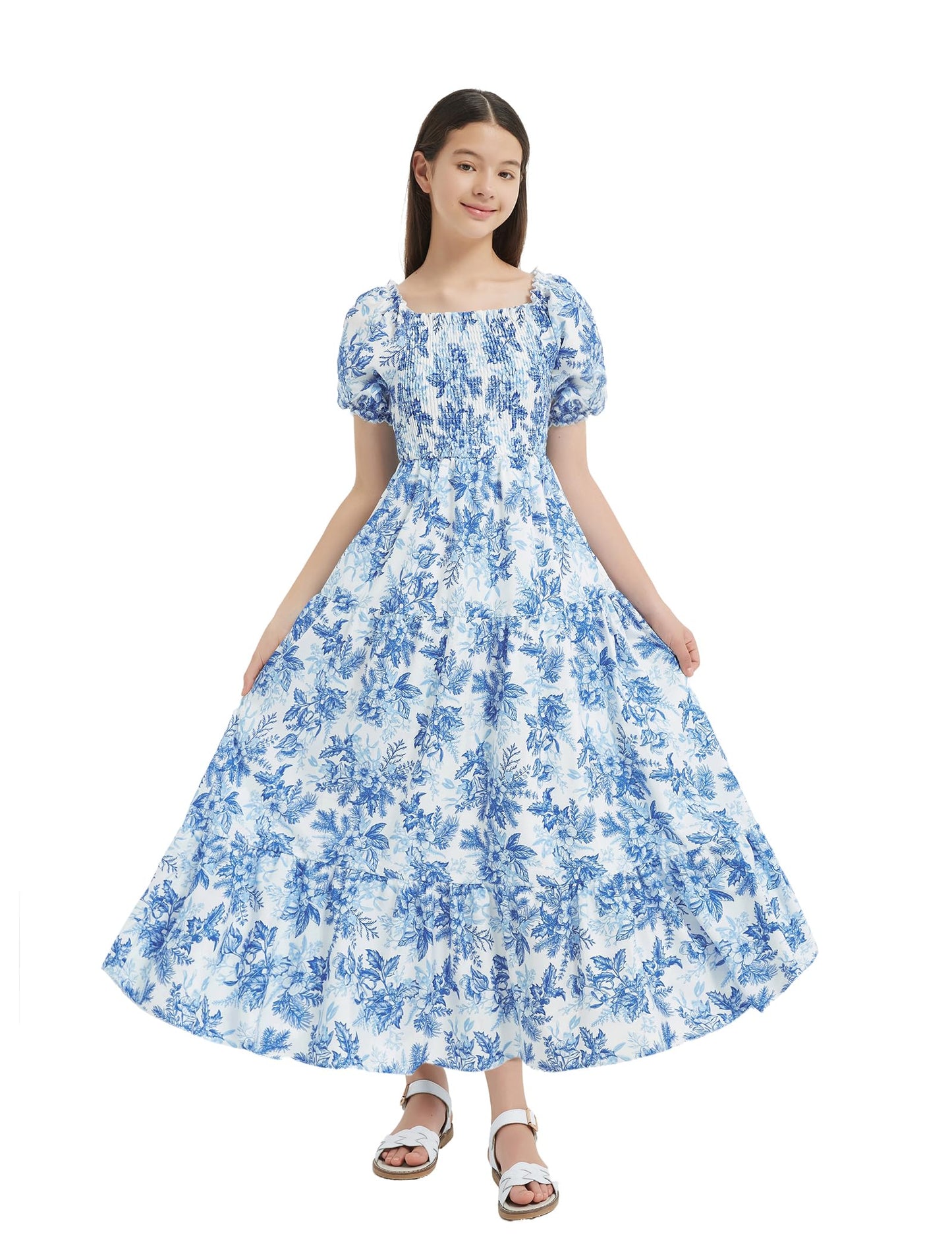 EXARUS Girls Maxi Long Smocked Dress Tween Swiss Dots Summer Square Neck Short Sleeve Casual A-line Dresses for 6-12Y | Tween A-Line Dresses Vacation Beach Sundress Beach Dance Casual Homecoming Party 6-14Y