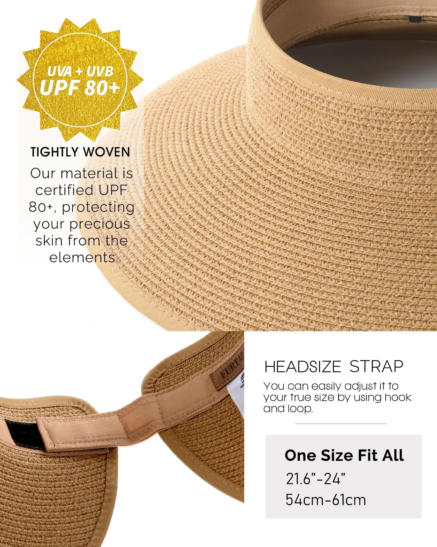 FURTALK Sun Visor Hats for Women Wide Brim Straw Roll Up Ponytail Summer Beach Hat UV UPF 50 Packable Foldable Travel