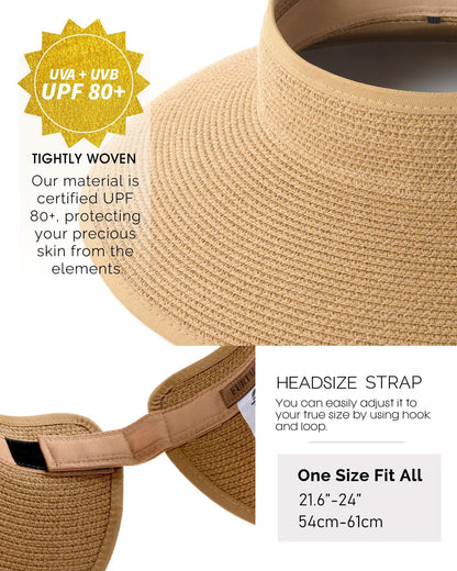 FURTALK Sun Visor Hats for Women Wide Brim Straw Roll Up Ponytail Summer Beach Hat UV UPF 50 Packable Foldable Travel