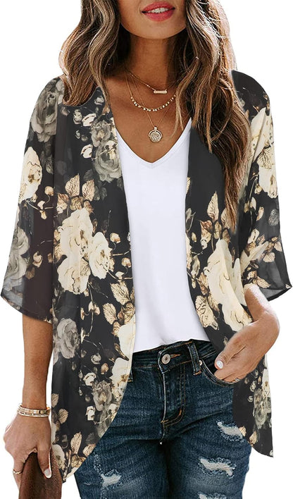 Womens Floral Kimono Cardigan Chiffon Beach Coverups Sheer Swimsuit Cover Up Casual Summer Tops