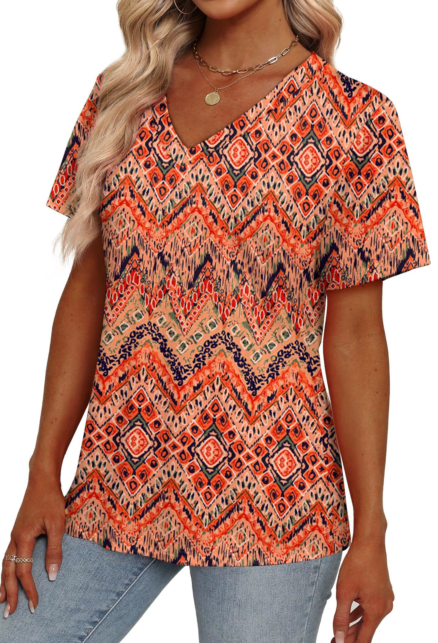 Womens Summer Tops Short Sleeve V Neck Casual T-Shirts Printed Trendy Vacation Outfits