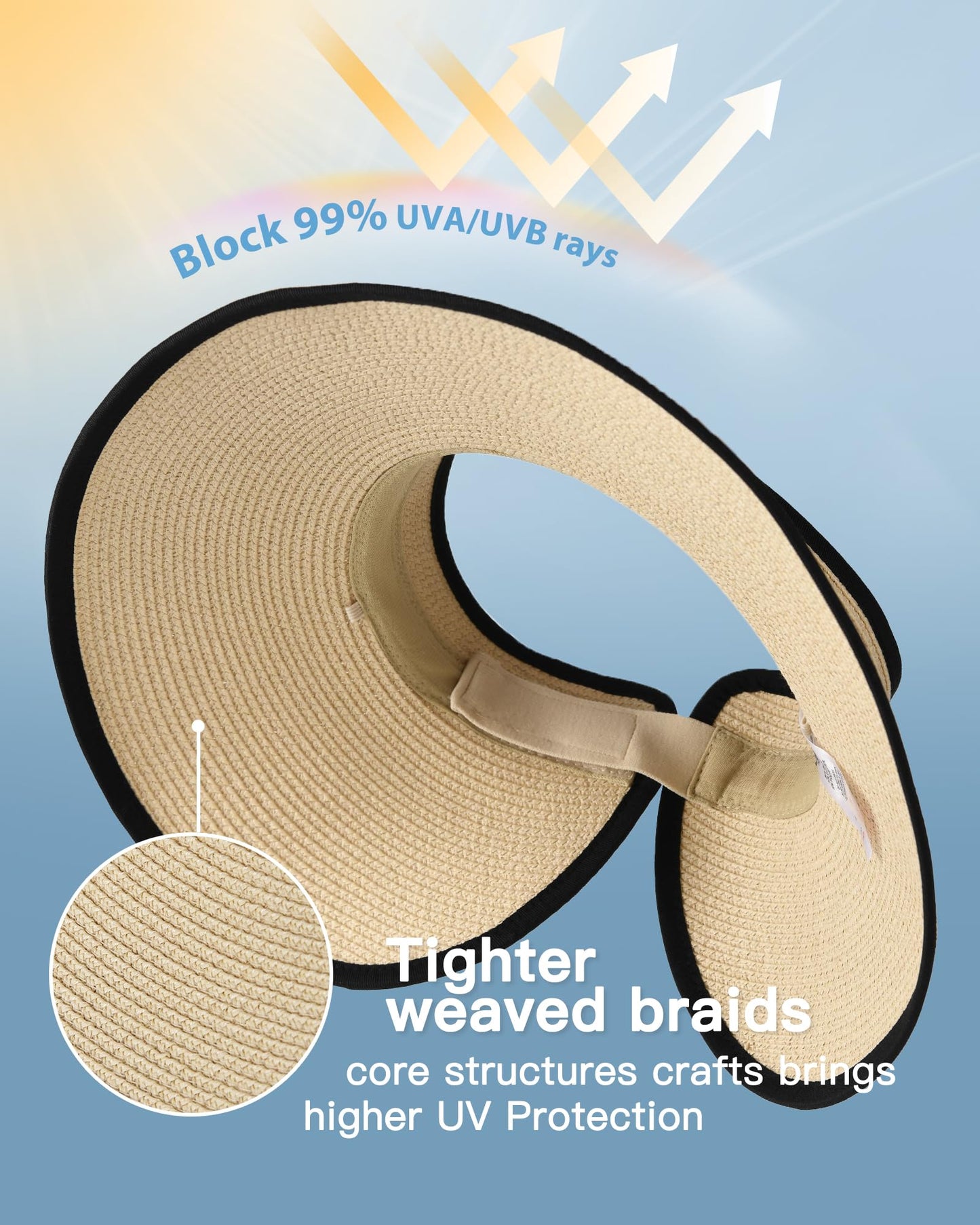FURTALK Sun Visor Hats for Women Wide Brim Straw Roll Up Ponytail Summer Beach Hat UV UPF 50 Packable Foldable Travel