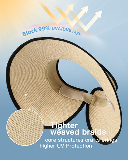 FURTALK Sun Visor Hats for Women Wide Brim Straw Roll Up Ponytail Summer Beach Hat UV UPF 50 Packable Foldable Travel