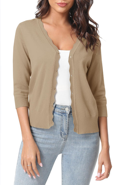 Urban CoCo Woman's 3/4 Sleeve Solid V-Neck Cardigan Sweater for Dress Lightweight Knit Shrugs