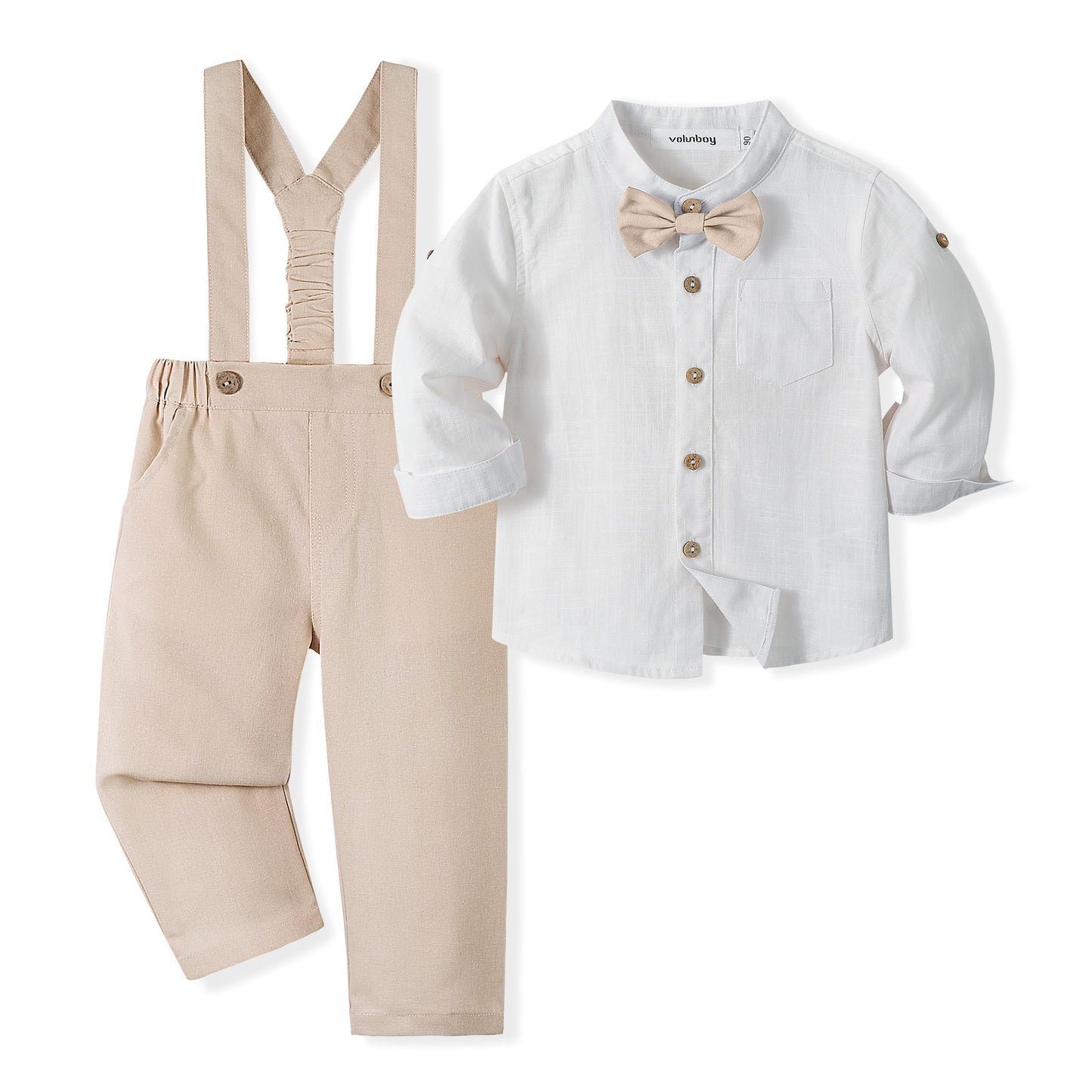 Volunboy Baby Boys Cotton Linen Formal Suspenders Outfits with Bowtie Toddler Long Sleeve Gentleman Wedding Dress Clothes