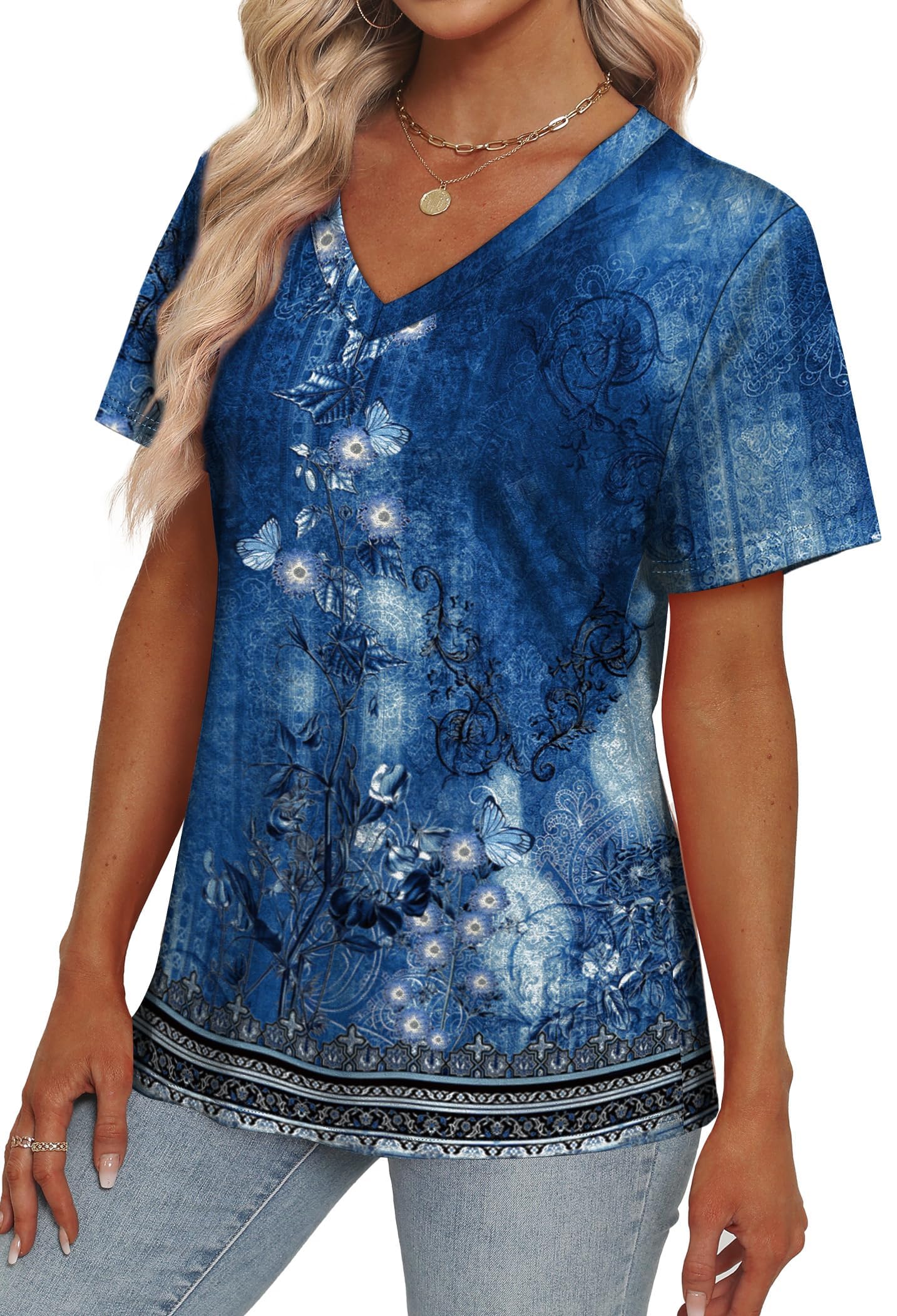 Womens Summer Tops Short Sleeve V Neck Casual T-Shirts Printed Trendy Vacation Outfits