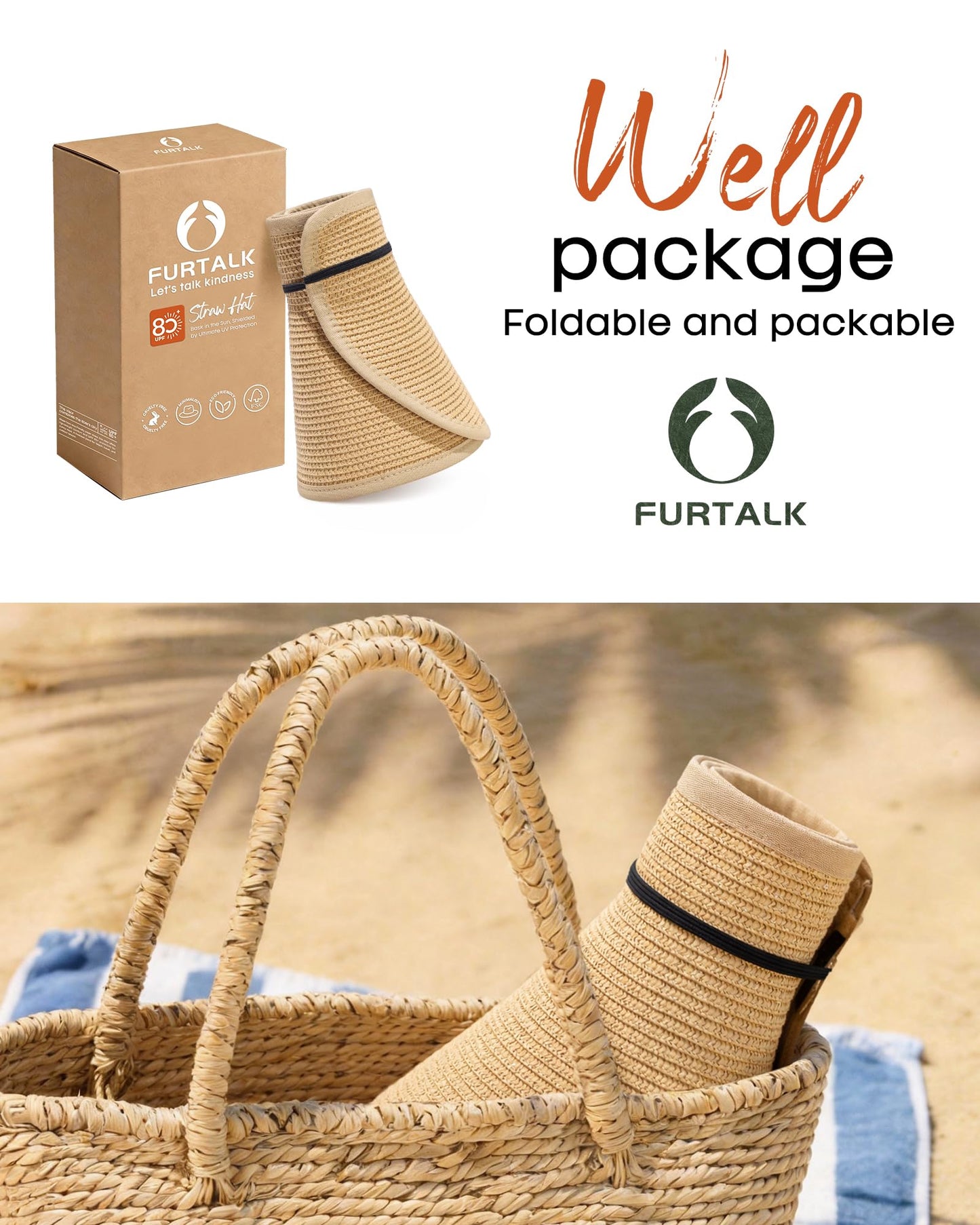 FURTALK Sun Visor Hats for Women Wide Brim Straw Roll Up Ponytail Summer Beach Hat UV UPF 50 Packable Foldable Travel