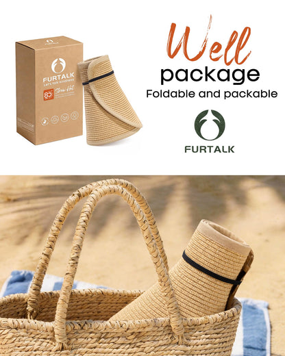 FURTALK Sun Visor Hats for Women Wide Brim Straw Roll Up Ponytail Summer Beach Hat UV UPF 50 Packable Foldable Travel