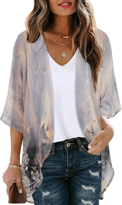 Womens Floral Kimono Cardigan Chiffon Beach Coverups Sheer Swimsuit Cover Up Casual Summer Tops