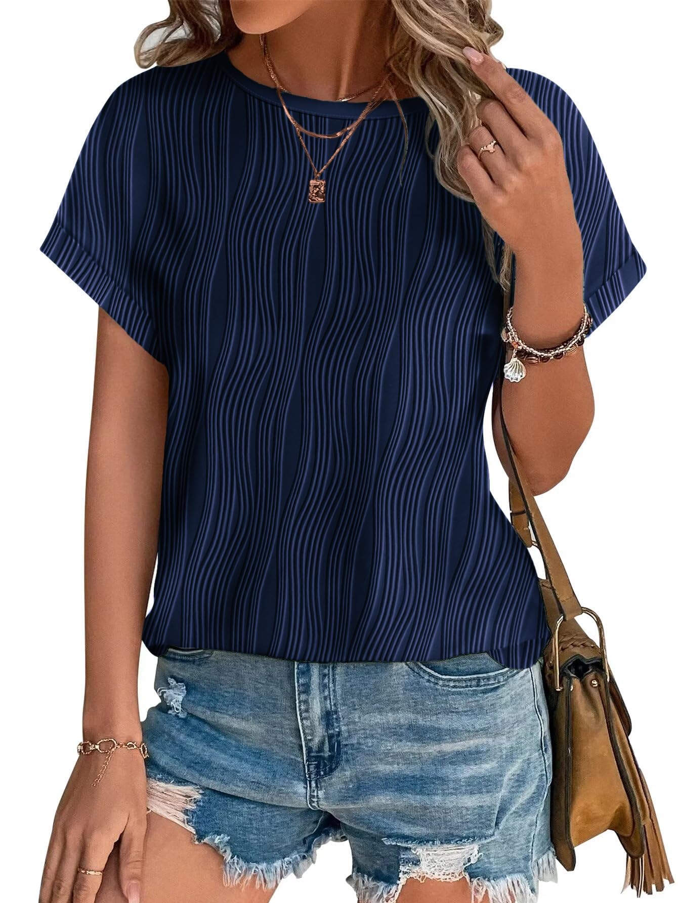 Womens Tops Eyelet Embroidery Summer Spring Crewneck Curved Hem 2025 Casual Cap Short Sleeve Tunic Trendy T Shirts
