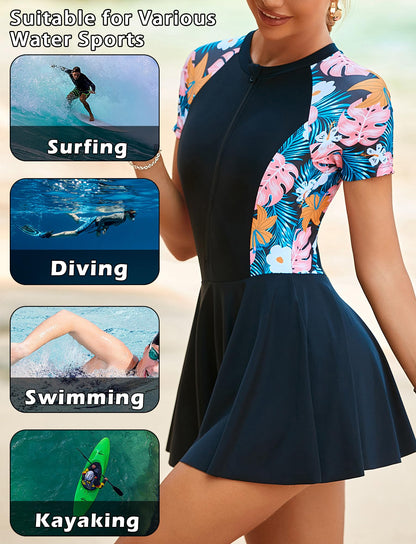 FEOYA Women's Short Sleeve Swimsuits Swim Dress 50+ UPF Rash Guard Modest One Piece Swimwear with Skirt Bathing Suit