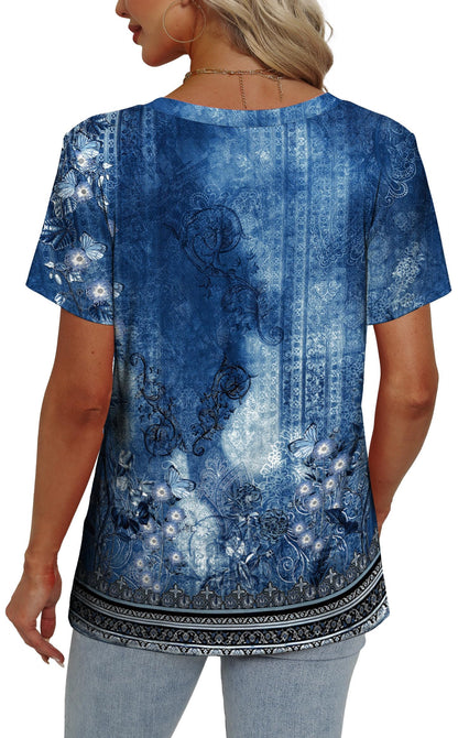 Womens Summer Tops Short Sleeve V Neck Casual T-Shirts Printed Trendy Vacation Outfits