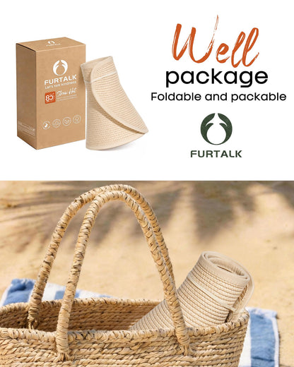 FURTALK Sun Visor Hats for Women Wide Brim Straw Roll Up Ponytail Summer Beach Hat UV UPF 50 Packable Foldable Travel