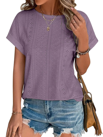 Womens Tops Eyelet Embroidery Summer Spring Crewneck Curved Hem 2025 Casual Cap Short Sleeve Tunic Trendy T Shirts