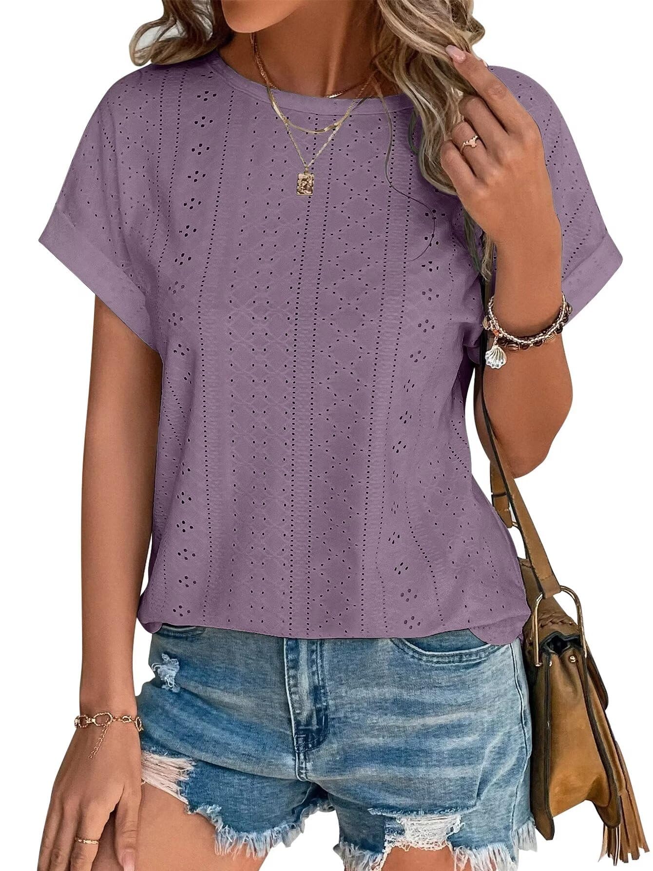 Womens Tops Eyelet Embroidery Summer Spring Crewneck Curved Hem 2025 Casual Cap Short Sleeve Tunic Trendy T Shirts